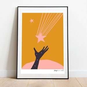 a picture of a shooting star with a hand catching it in ochre, pink and black
